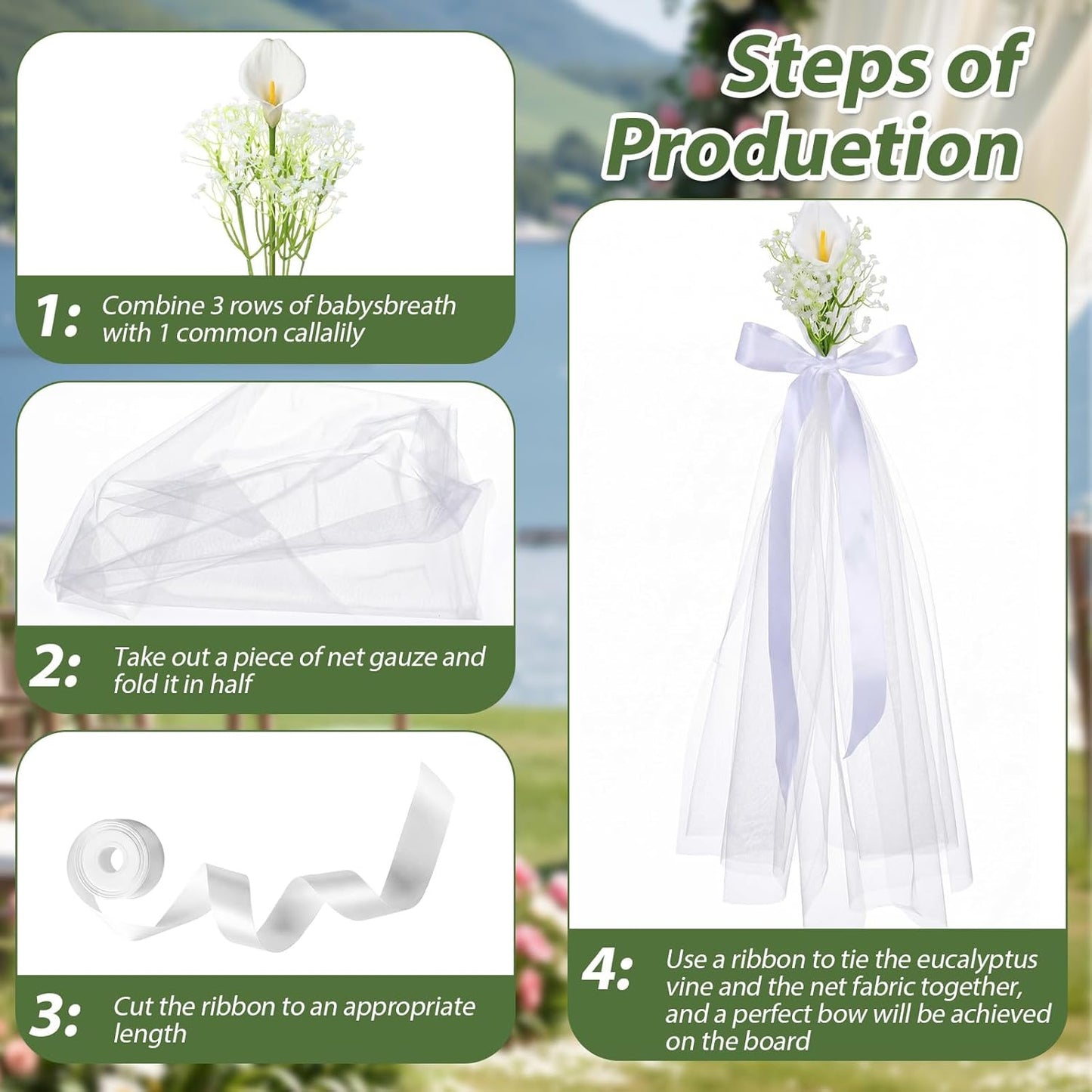24 Set Wedding Aisle Chair Decorations Pew Flowers White Tulle Tails Chair Sashes with Ribbons and Artificial Baby's Breath for Wedding Church Ceremony Chairs Banquet Bulk (White Calla Lily)