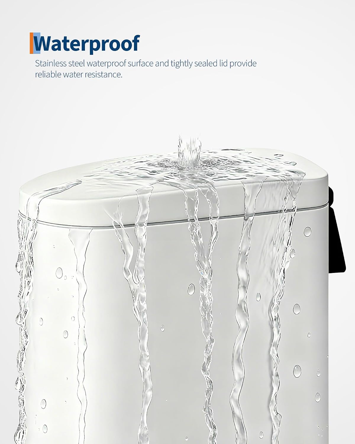 Garvee 1.6 gal / 6 L Metal Bathroom Trash Can with Lid, Slim Waterproof Garbage Can for Bedroom, Small Step-on Trash Bin with Inner Bucket, Rear Handle, Soft Close Lid, White