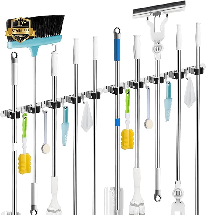2 Pack Mop and Broom Holder Wall Mount, 5 Racks and 4 Hooks Broom Organizer by AceMining