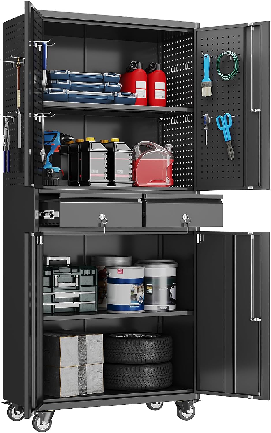 71-Inch Garage Storage Cabinet with 2 Drawers, Pegboard and Wheels
