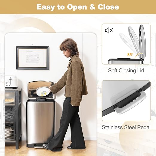 S AFSTAR 13.2 Gal Step Trash Can, 50 Liter Stainless Steel Pedal Trash Bin - Image 3