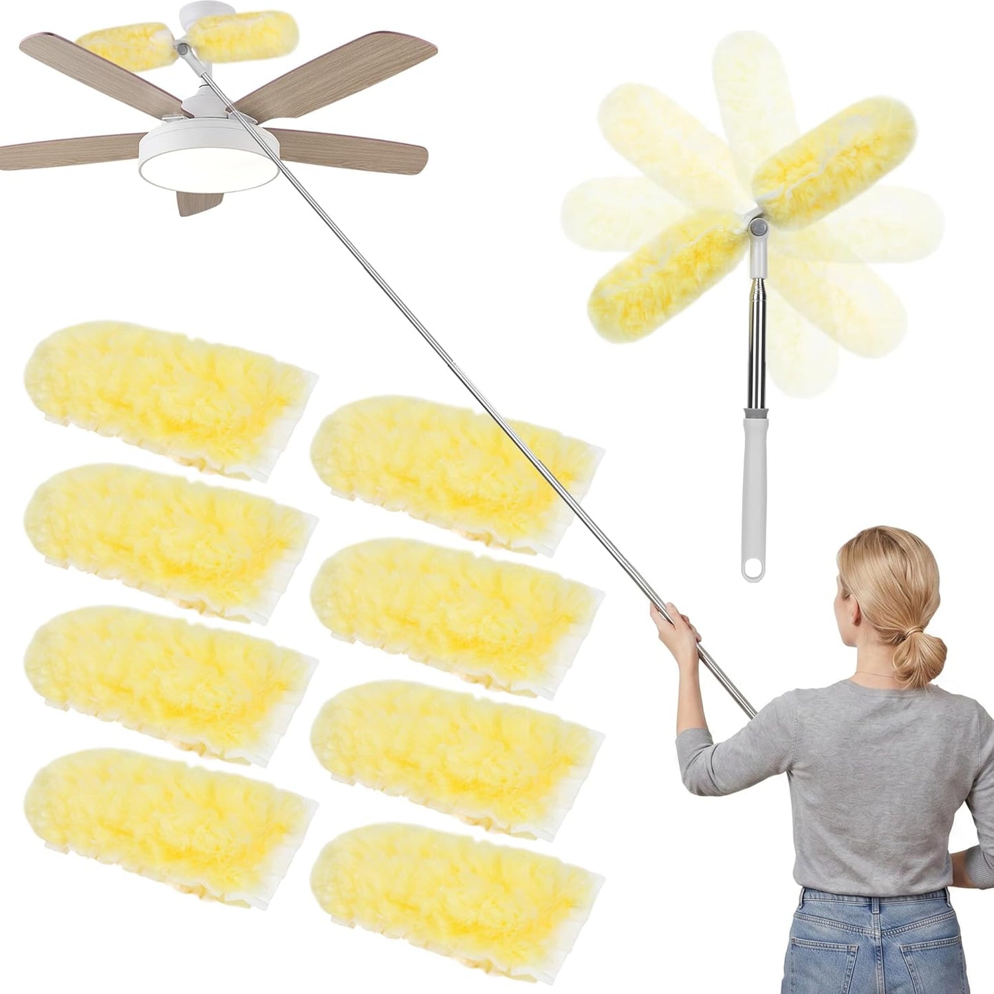 IVYROLL Dual Head Duster with Extended Handle 6 ft, Lockable Extendable Duster Kit with Extension Pole for High Ceiling Fan & Wall, 8 Refills