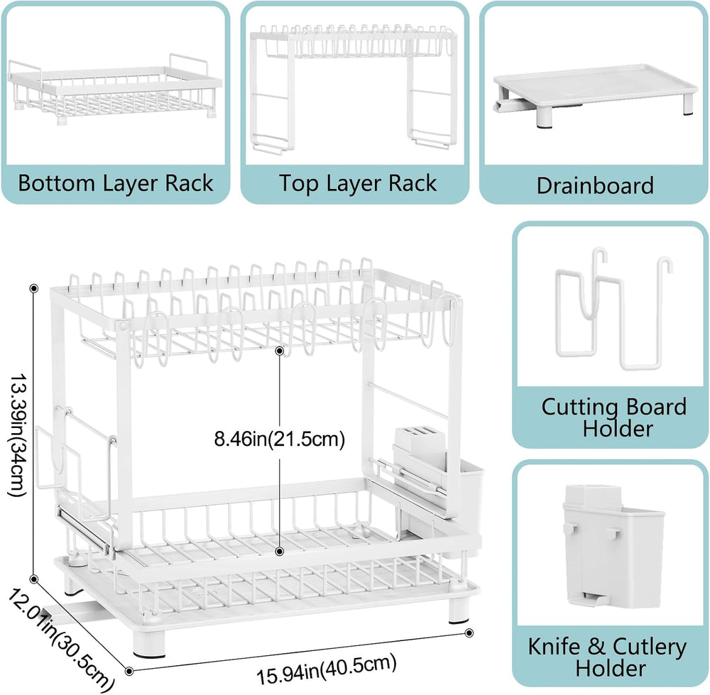 2-Tier Dish Drying Rack for Kitchen Counter, Space-Saving, White