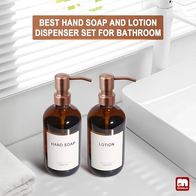 GMISUN Amber Glass Soap Dispenser, 2 Pack Bathroom Hand Soap Dispensers - Image 5