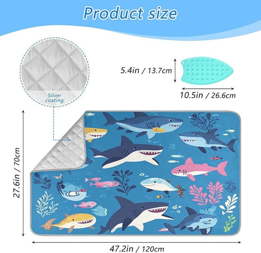 Sharks Fishes and Seaweed Blue Ironing Mat Thickened Ironing Blanket Travel - Image 2
