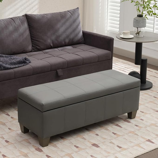 Grey Faux Leather Ottoman with Storage, Rectangular Extra Long Storage Bench - Image 2