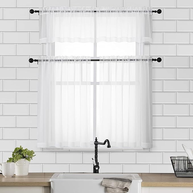 Chyhomenyc White Sheer Curtains 30 inch Length 2 Panels, Light Filtering Voile - Image 2