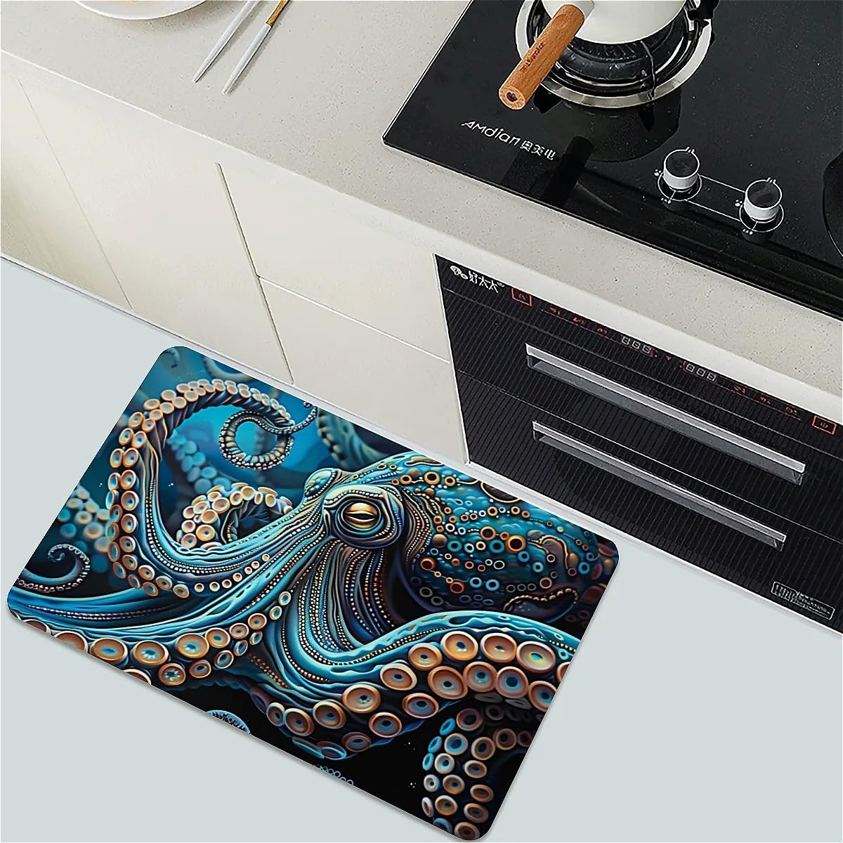 Bath Mat Rug,Blue Octopus Non Slip Quick Dry Super Absorbent Thin Bathroom Rugs Fit Under Door-Easy to Clean Bathroom Floor Mats-Shower Rug for Shower Sink Bathtub(16" x 24"in)