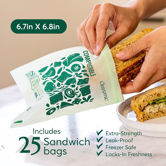 Cleanomic Compostable* Sandwich Size Food Storage Bags Freezer and Leak Proof - Image 3