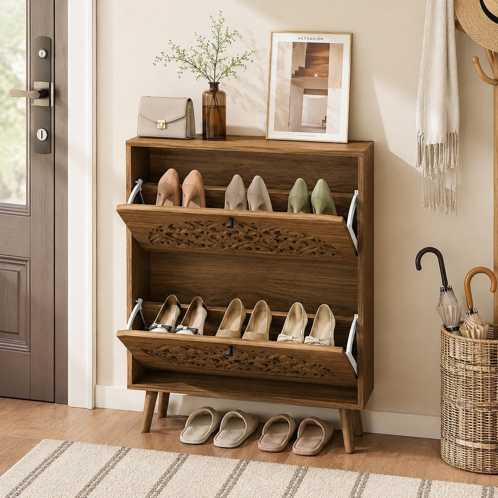 vistavie 6.7" Walnut Ultra-Slim Shoe Cabinet with 2 Flip Drawers,Heart-S...