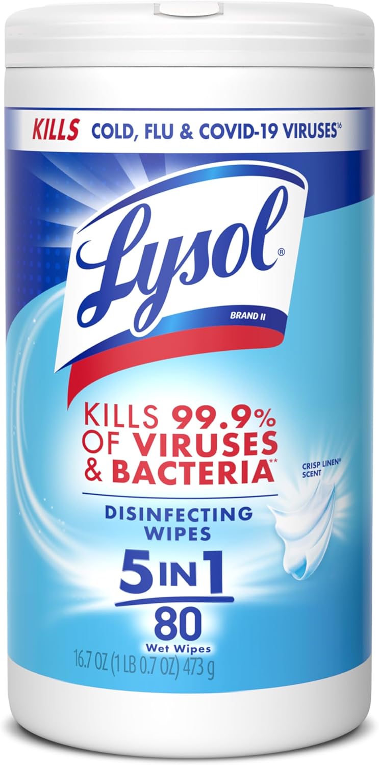 Lysol Disinfecting Wipes, Multi-Surface Cleaner, Crisp Linen, 80 ct. | All Purpose Cleaner, Sanitizing, Deodorizing, Apartment Essentials, Back To School Cleaning Supplies, Kitchen & Bathroom Wipe