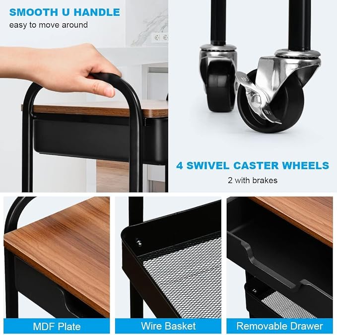 3 Tier Rolling Cart with Drawer, Metal Utility Cart on Wheels Storage Cart with - Image 6