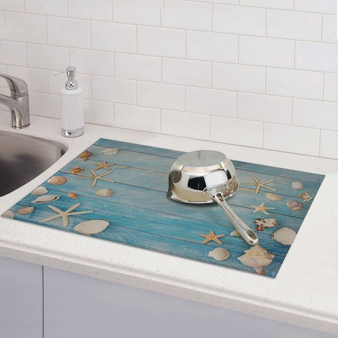 Seashells Starfish On Blue Wood Absorbent Microfiber Xl Dish Drying Mat - Image 7