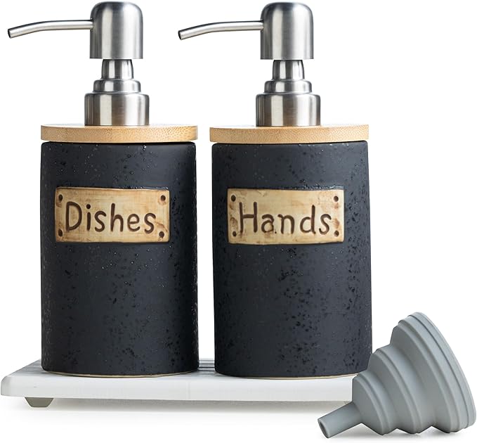 Kitchen Soap Dispenser Set, Ceramic Hand and Dish Soap Dispenser by YHOSSEUN