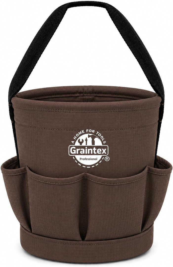 Graintex Tapered Canvas Bucket 12"x10"x15", Utility Tool Bucket 6 Pockets Outside, Reinforced Base & Carry Handle, Ripstop Canvas, Multi-Purpose Bag for Jobsite & Home Use - Coffee Brown