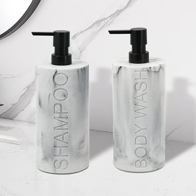 Marble Resin 2 Piece Shampoo and Body Wash Dispenser Set, Luxurious Refillable - Image 8