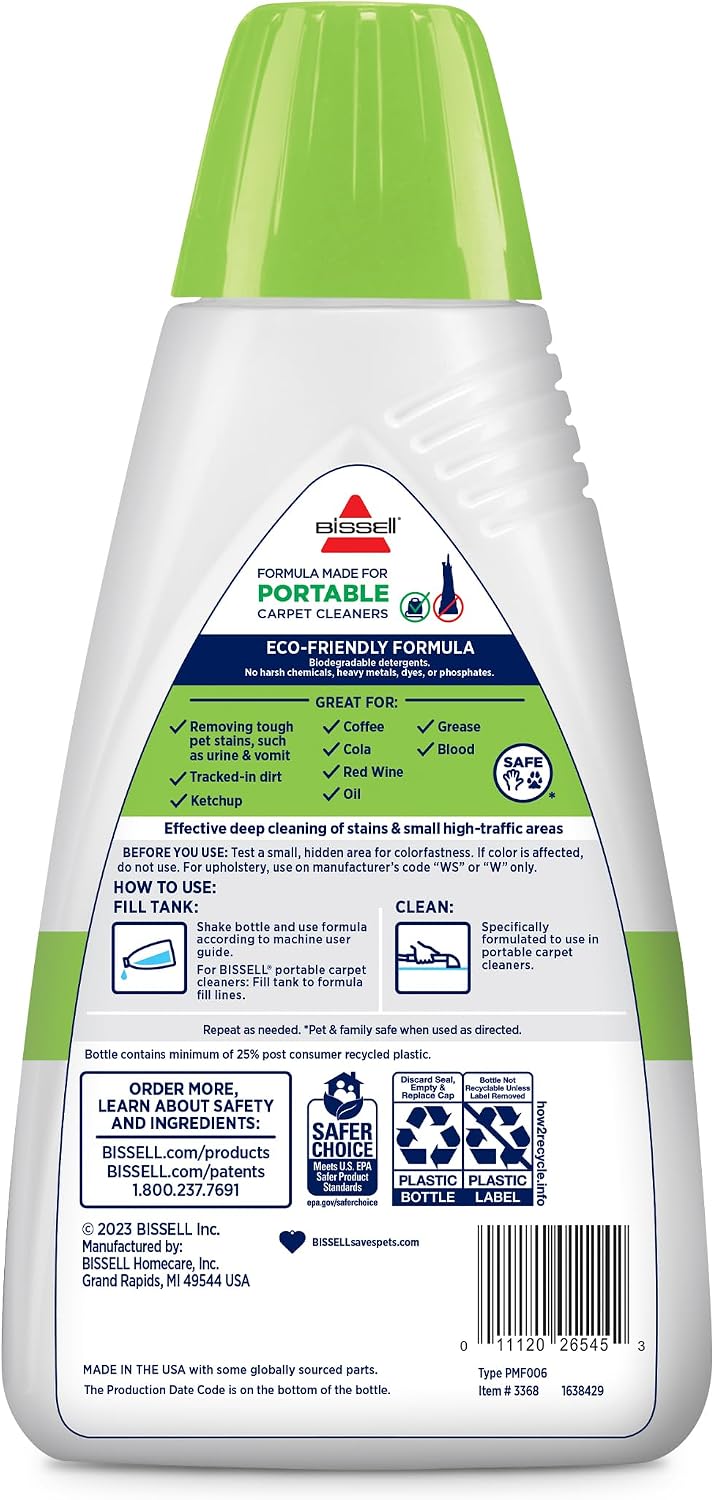 Bissell Simply Spot & Stain Portable Carpet Cleaner Formula, 32 oz, 3368 | Simple formula for portable carpet cleaner use; 32 oz for quick spot & stain removal