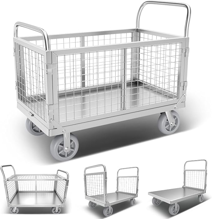 Platform Truck with Cage, 6 in1 Foldable Heavy Duty Steel Flatbed Cart by Warmyou