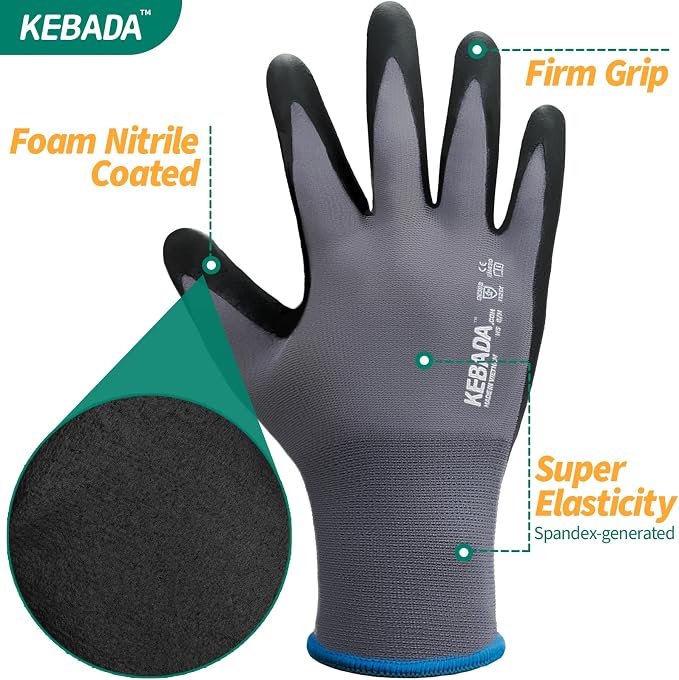 Kebada Work Gloves for Men and Women, Foam Nitrile Coated Safety Gloves - Image 7