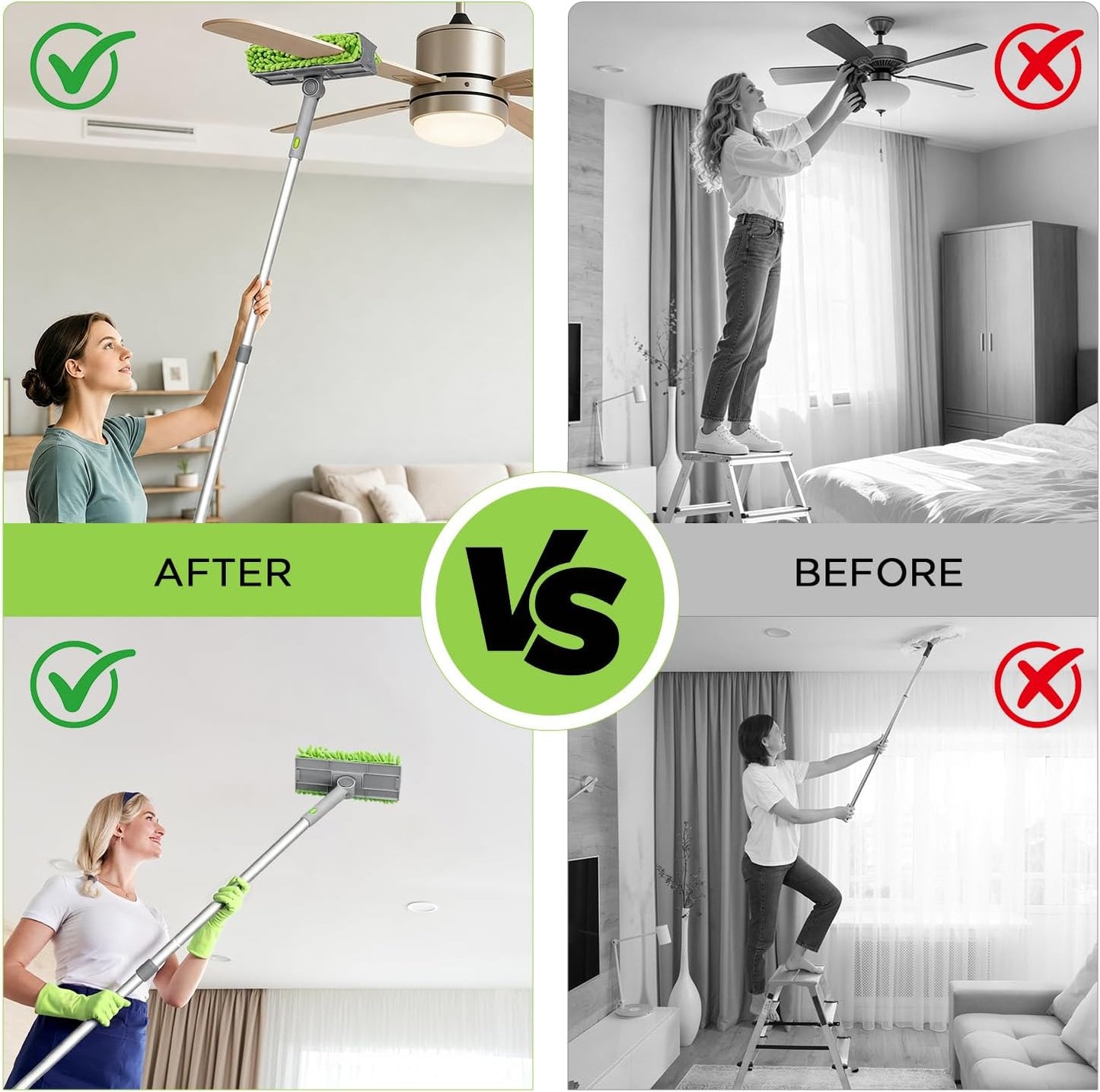 Cleaning Set, Equipped with a 72 inch extendable Handle, Reusable Crevice Brush, Chenille dust Collector, Cleaning Cloth, 2 Replacement Fan Brush Cloths Suitable for, Fans, Furniture, etc