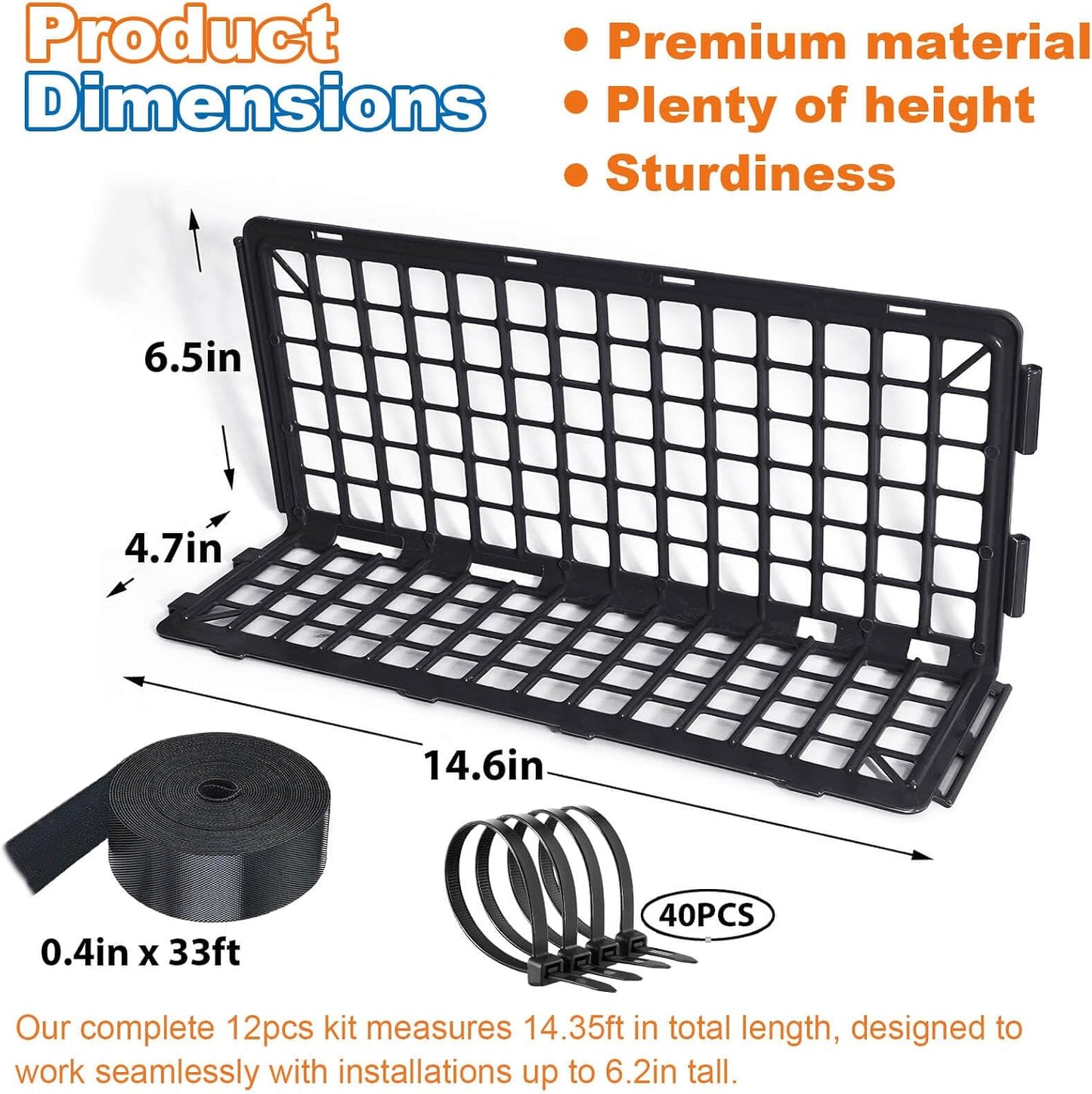 12Pcs Under Couch Blocker for Bed Adjustable Furniture Plastic Under Bed Blocker with 32ft Cut-to-Size Hook & Loop Secured Furniture Feet Ties & 40 Ties, Black Couch Barriers for Dogs Pets Cat