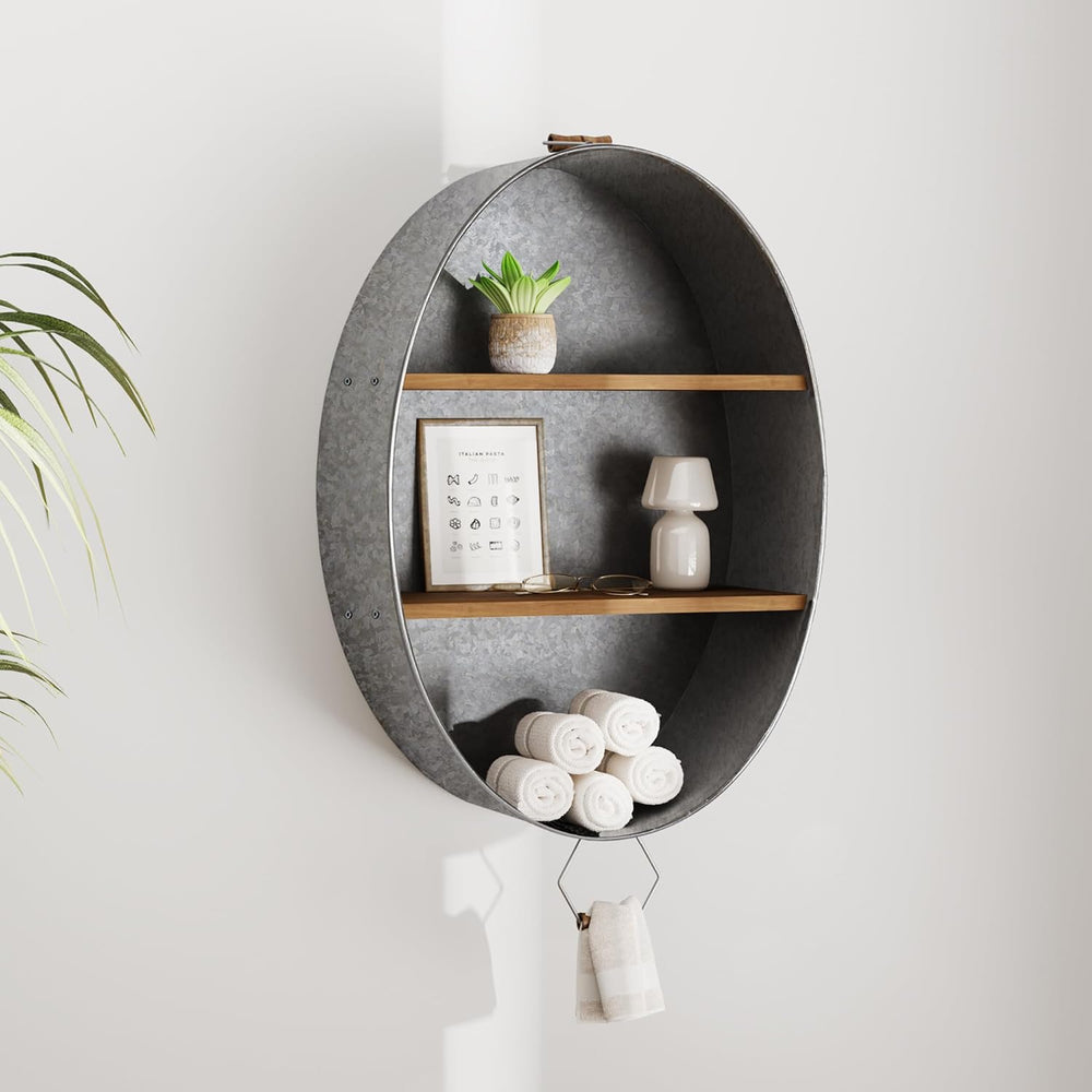 Oakrain Towel Rack with Wood Wall Shelves, Farmhouse Galvanized Wash Tub