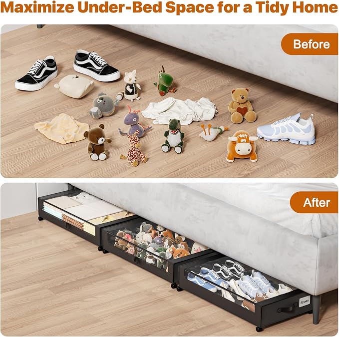 Under Bed Storage with Wheels, XXL 60L Under Bed Storage Containers with Clear - Image 7