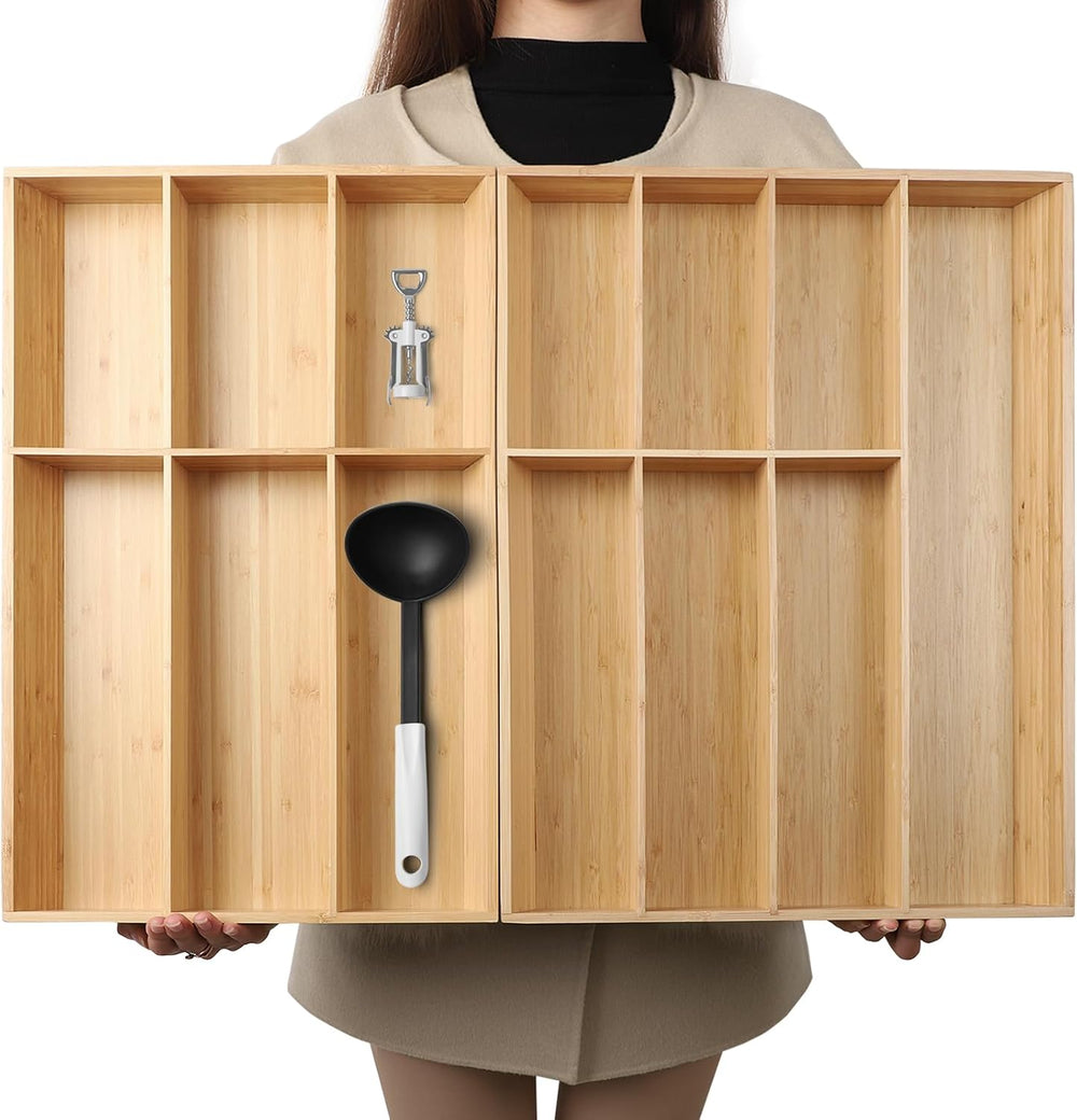 V-Shaped Extra Large Bamboo Drawer Organizer Set of 2, Kitchen Cutlery Tray