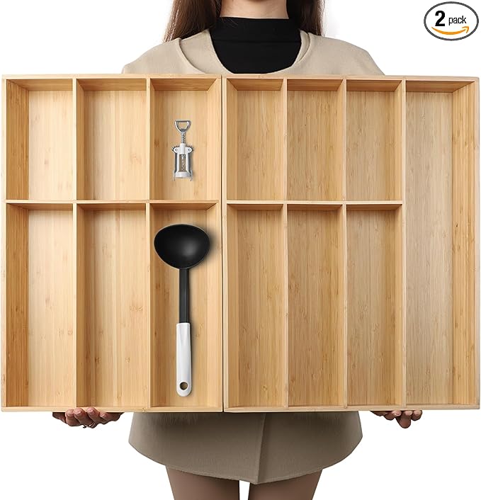 V-Shaped Extra Large Bamboo Drawer Organizer Set of 2, Kitchen Cutlery Tray by BAMOTTOCRAFTBAMBOO