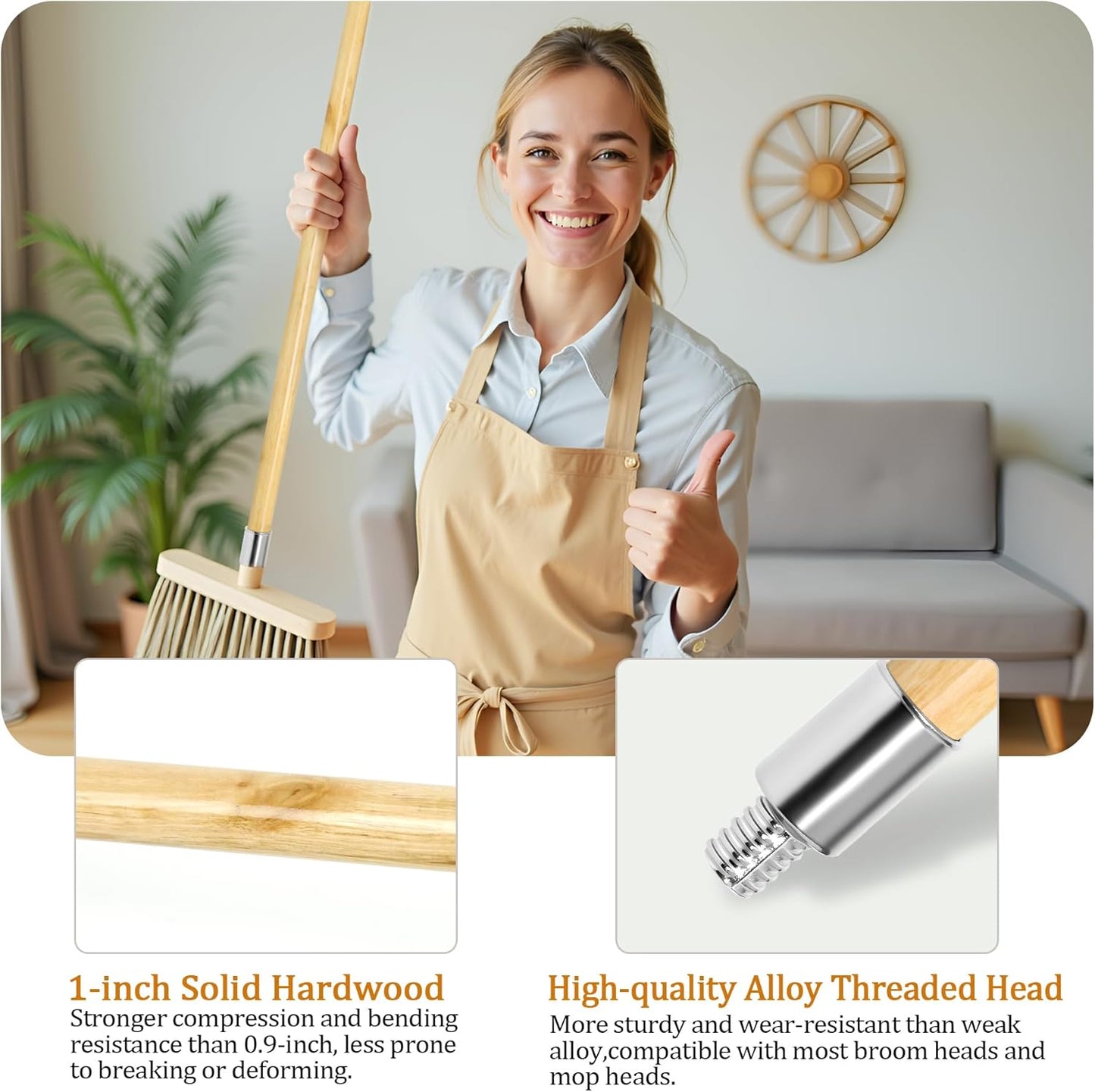 57-inch Wooden Broom Handle with Metal Threaded End, Sturdy Wood Broom Stick Pole for Home and Commercial Floor Cleaning(10 Pack)