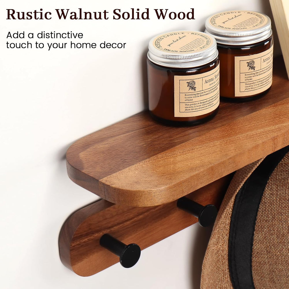 Coat Rack Wall Mount with Shelf, 22" Walnut Wood Wall Shelf with Hooks, ...
