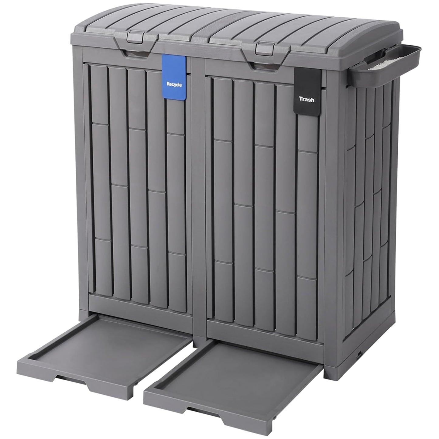Ashfield & Harkness 62-Gallon Outdoor Trash Can with Ash Tray & Lid | Dual 31-gal compartments for trash & recycling, weather-resistant resin, anti-wind fixing accessories, sliding drip tray