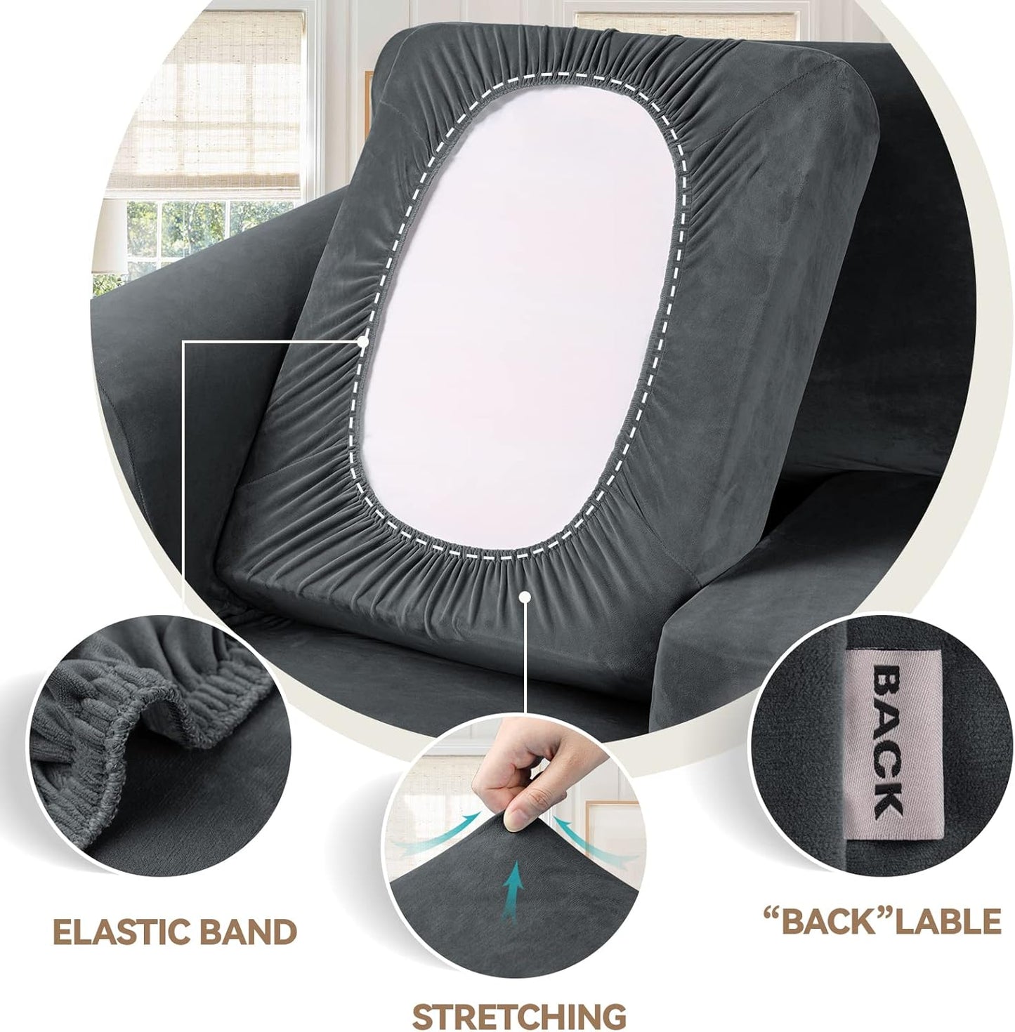 WEERRW 4 Pieces Velvet High Stretch Couch Covers for 3 Cushion Sofa Slipcovers, Washable Furniture Protector with Non Slip Elastic Bottom, Feature Soft and Thick Plush Fabric, Dark Grey, Large