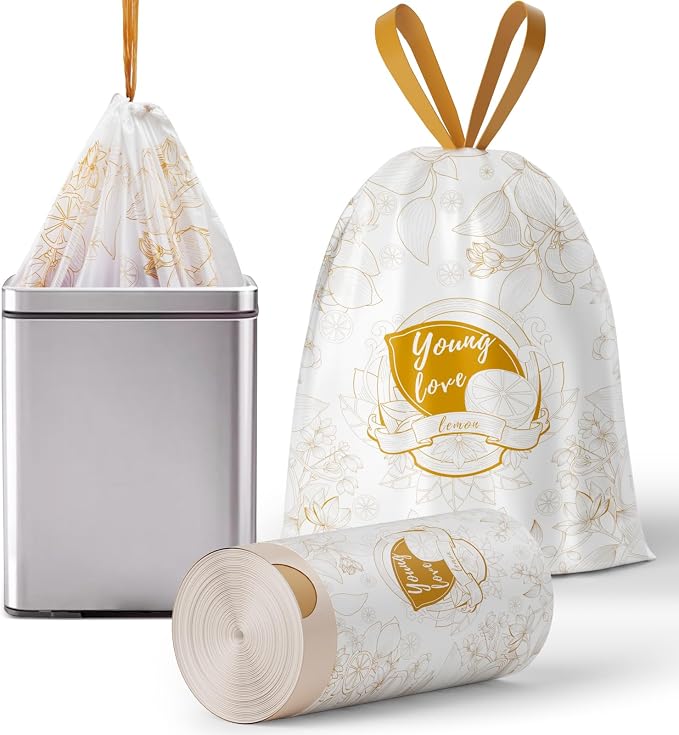 VOK 13 Gallon Trash Bags with Lemon Print & Drawstring, Tear-Resistant Tall by Unknown