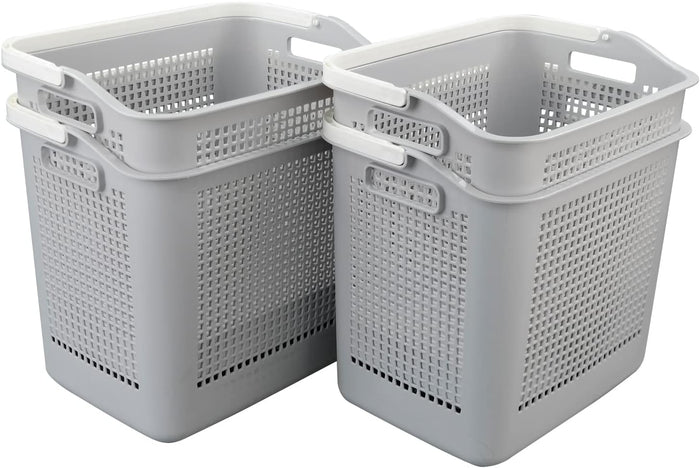 4-Pack 35 L Plastic Laundry Hamper, Storage Basket with Handle, Gray
