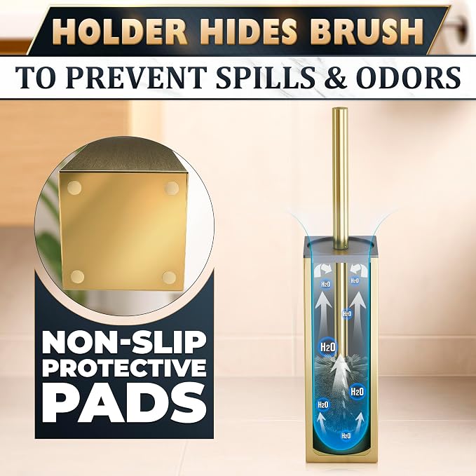 Stainless Steel Toilet Brush and Holder Set Gold & Square Design - Image 5