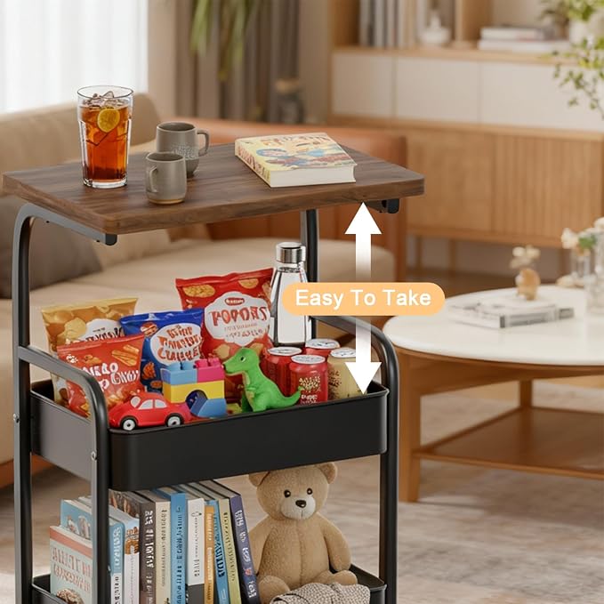 Rolling Cart with Wooden Tabletop 3-Tier Metal Utility Rolling Cart Storage - Image 5