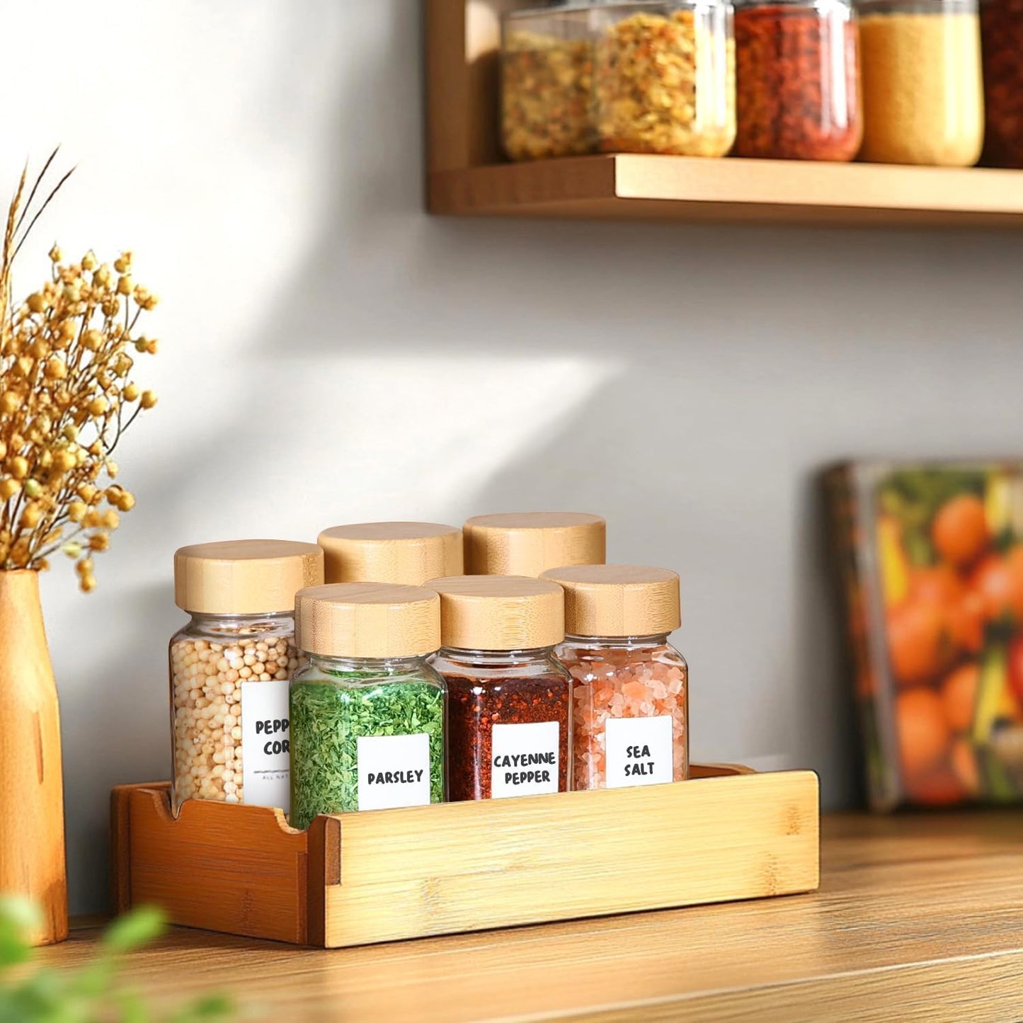 ComSaf Glass Spice Jars with with Labels 4 oz 6 Pack Small Bamboo Lids | Empty Containers, Seasoning Herb Powder, Salt Pepper Chili, Spice Rack Organization, Kitchen Cabinet Storage, Funnel Included