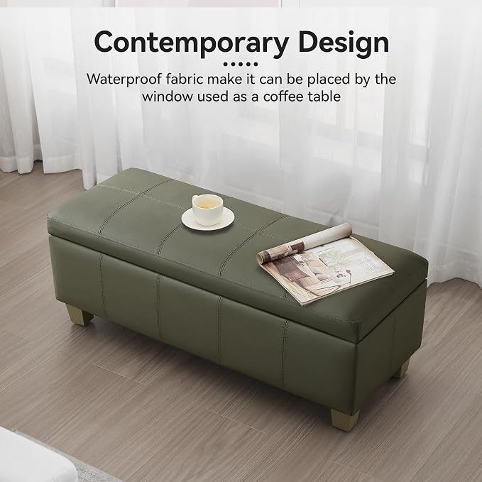 41" Faux Leather Storage Ottoman, Stitch Tufted Rectangle Upholstered End of - Image 7