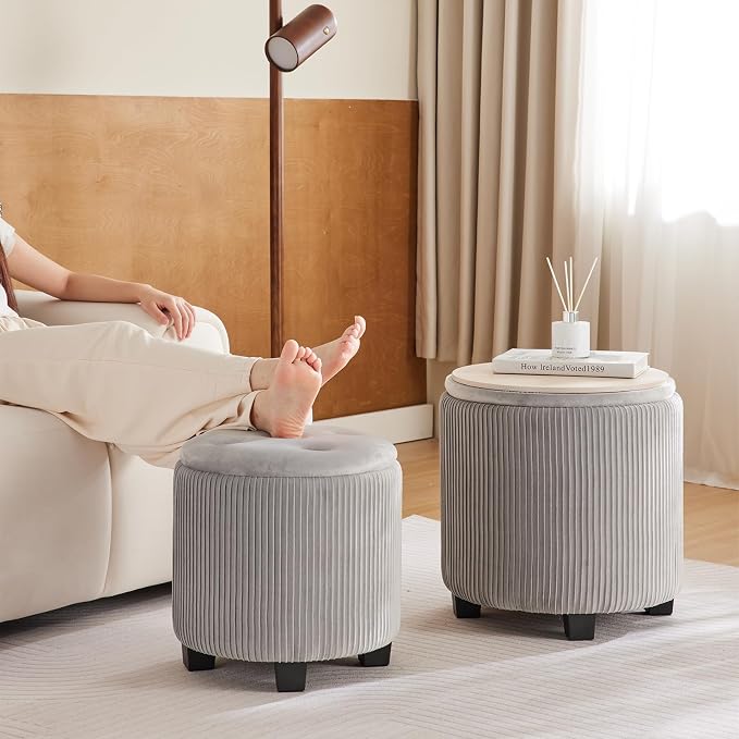 Big Round Ottoman with Storage Set of 2, Upholstered Velvet Vanity Stool - Image 4