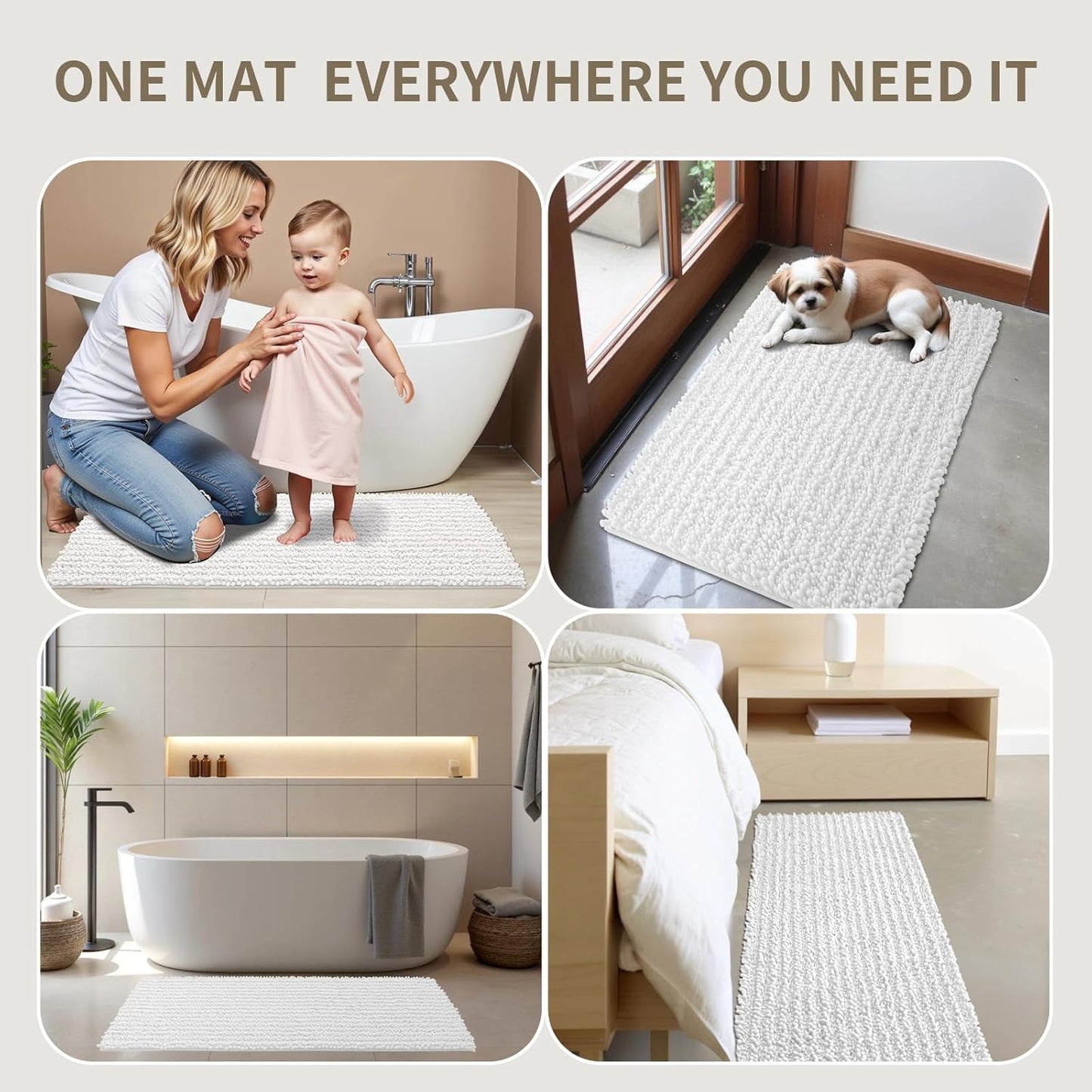Bathroom Rugs Non Slip Washable 32x20, Extra Thick Soft Chenille Absorbent Bath Mat, High Density Barrier Non Slip Backing, Quick Dry Plush Shaggy Floor Carpet for Tub&Shower, White