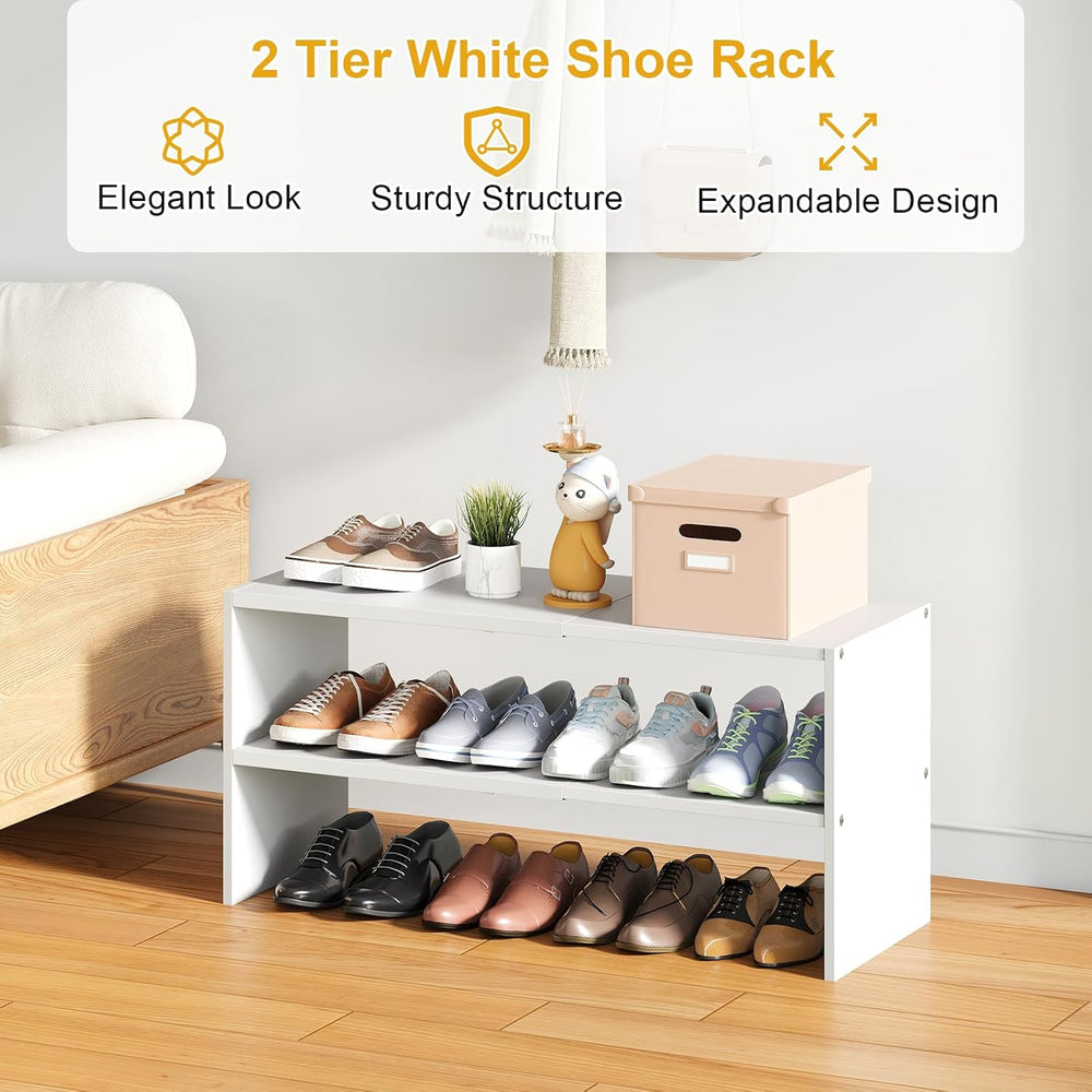 2 Pack Expandable Shoe Rack Organizer for Closet, White Shoe Storage Shelf