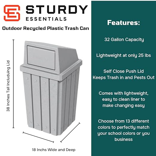 32 Gallon Square Slatted 100% Recycled Plastic Heavy-Duty Commercial Outdoor - Image 2