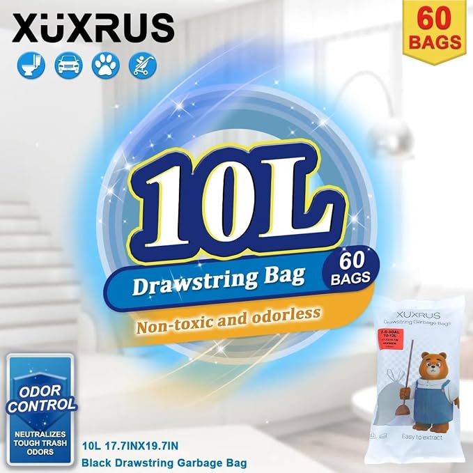 XUXRUS 2.6-3 Gallon Black Bathroom Drawstring Trash Bags - Image 5