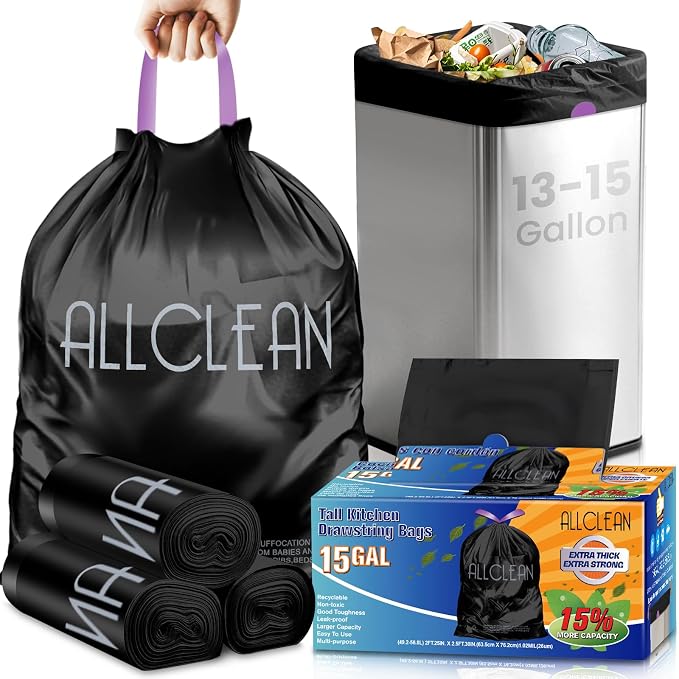 Trash Bags 15 Gallon Tall Kitchen Drawstring Garbage Bags, Fit 13-15 Gal Bins by ALLCLEANbags