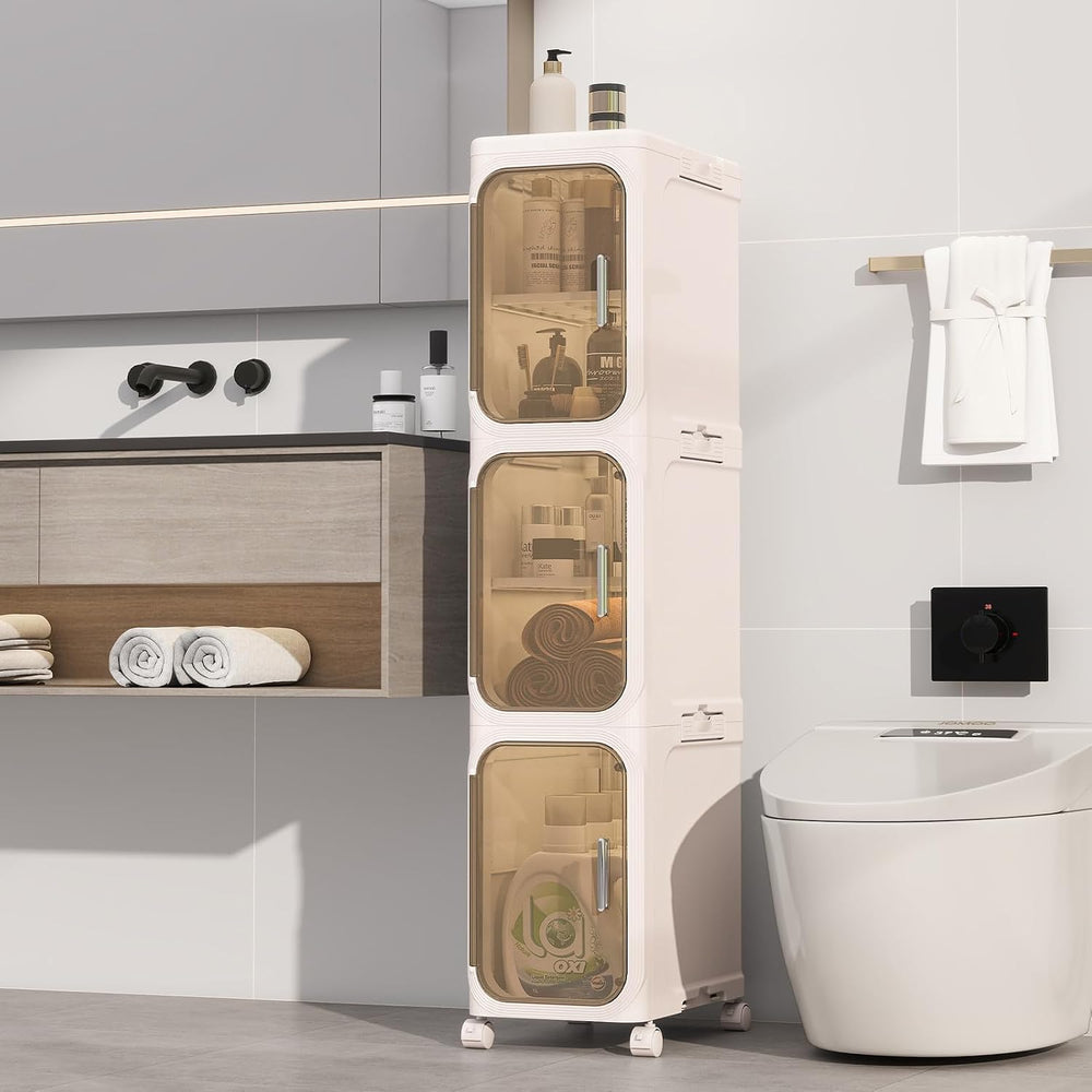3 Tier Slim Bathroom Storage Cabinet, Foldable and Movable, Beige