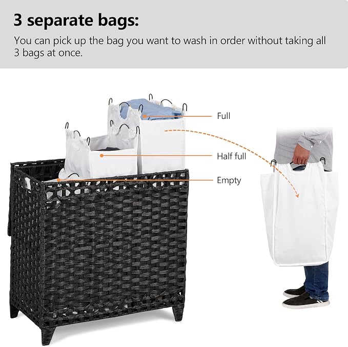 Laundry Hamper with 3 Removable Liner Bags; 132L Handwoven Rattan Laundry - Image 3