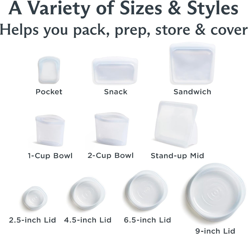 Stasher Reusable Silicone Bags and Stretch Lids, 10-Pack Starter Kit, Clear