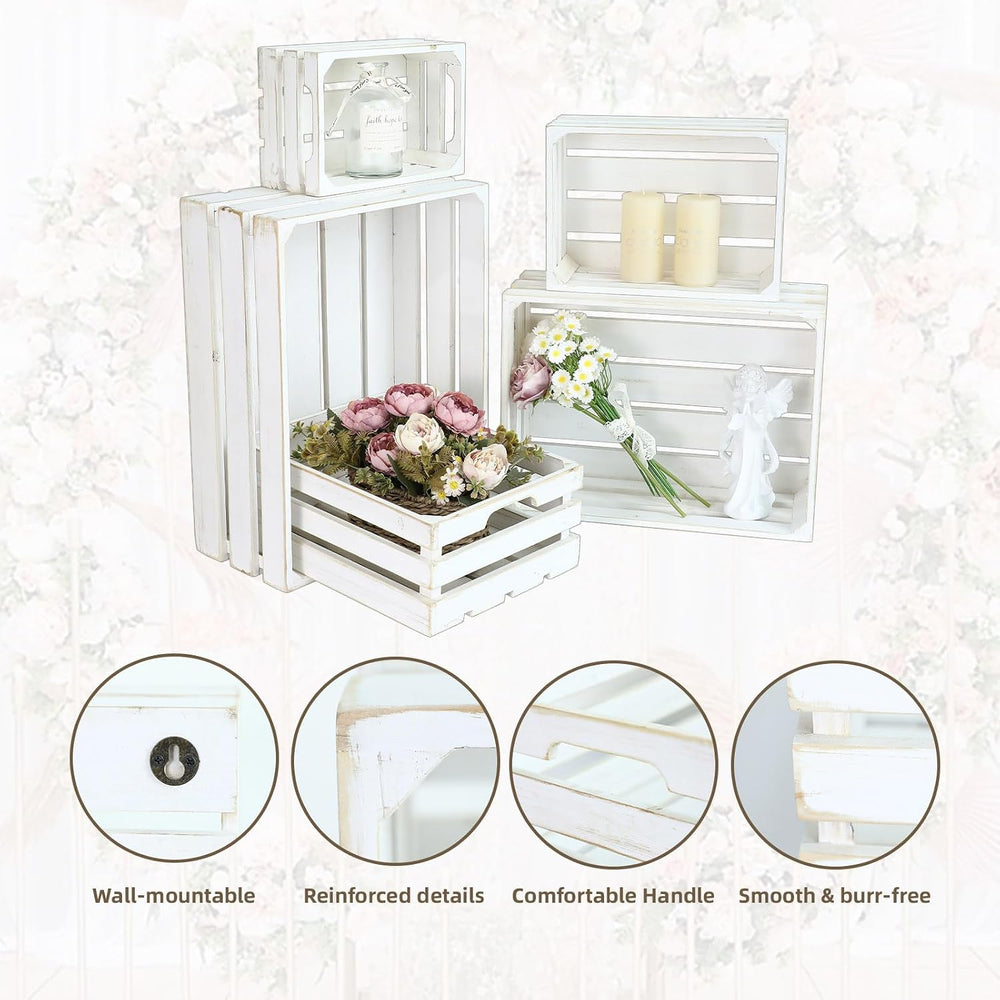 5-Piece Rustic White Wooden Crates Set, Wall Mountable Slatted Storage Crates...