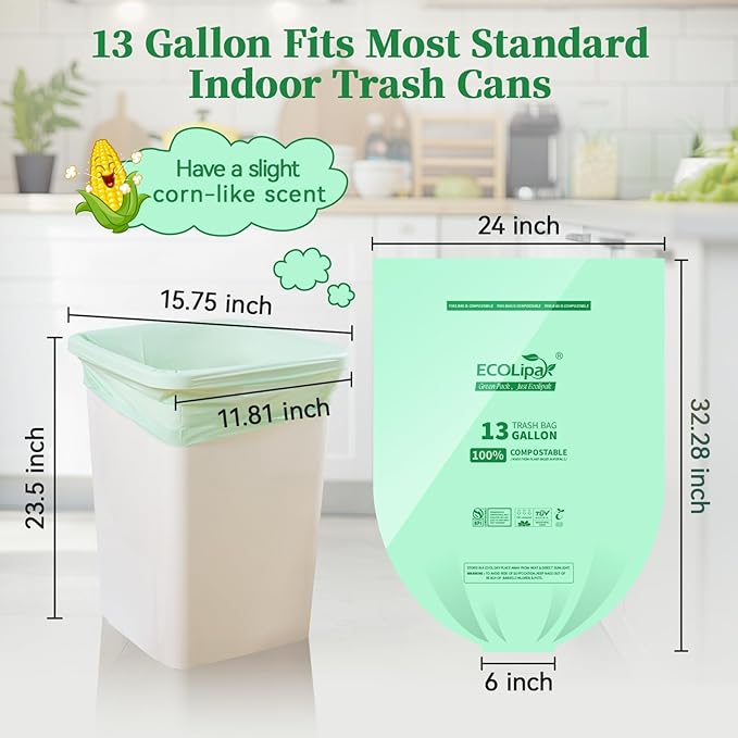 ECOLipak 13 Gallon Compostable Trash Garbage Bags, US BPI ASTM D6400 and OK - Image 2